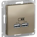 Schneider Electric ATLASDESIGN USB РОЗЕТКА, 5В, 1 порт x 2,1 А, 2 порта х 1,05 А, механизм, ШАМПАНЬ