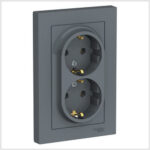 Розетка двойная с заземлением со шторками, 16А, в сборе, Грифель AtlasDesign