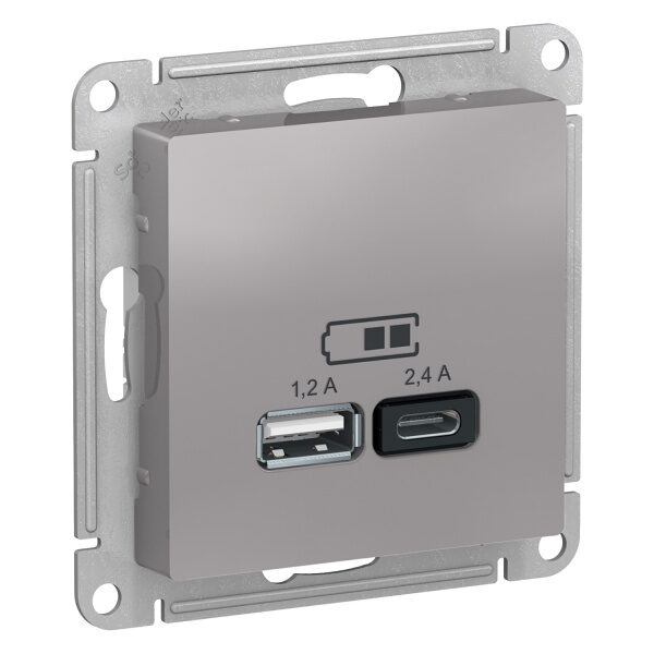 Schneider electric ATLASDESIGN USB РОЗЕТКА A+С, 5В/2,4А, 2х5В/1,2А, механизм, АЛЮМИНИЙ