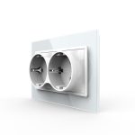 Розетка Livolo электрическая двойная 1 пост с заземлением, рамкой, защитными шторками 16A, цвет белый VL-C7CTF16A.TF16A-WP